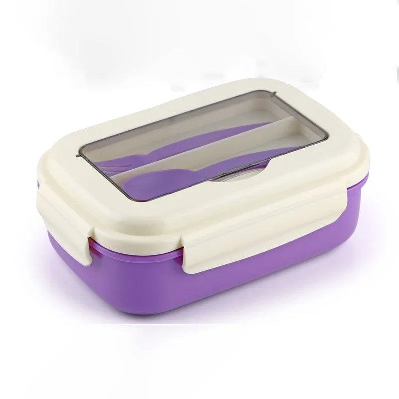 Closed purple lunch box with a cream lid and transparent top utensil compartment.