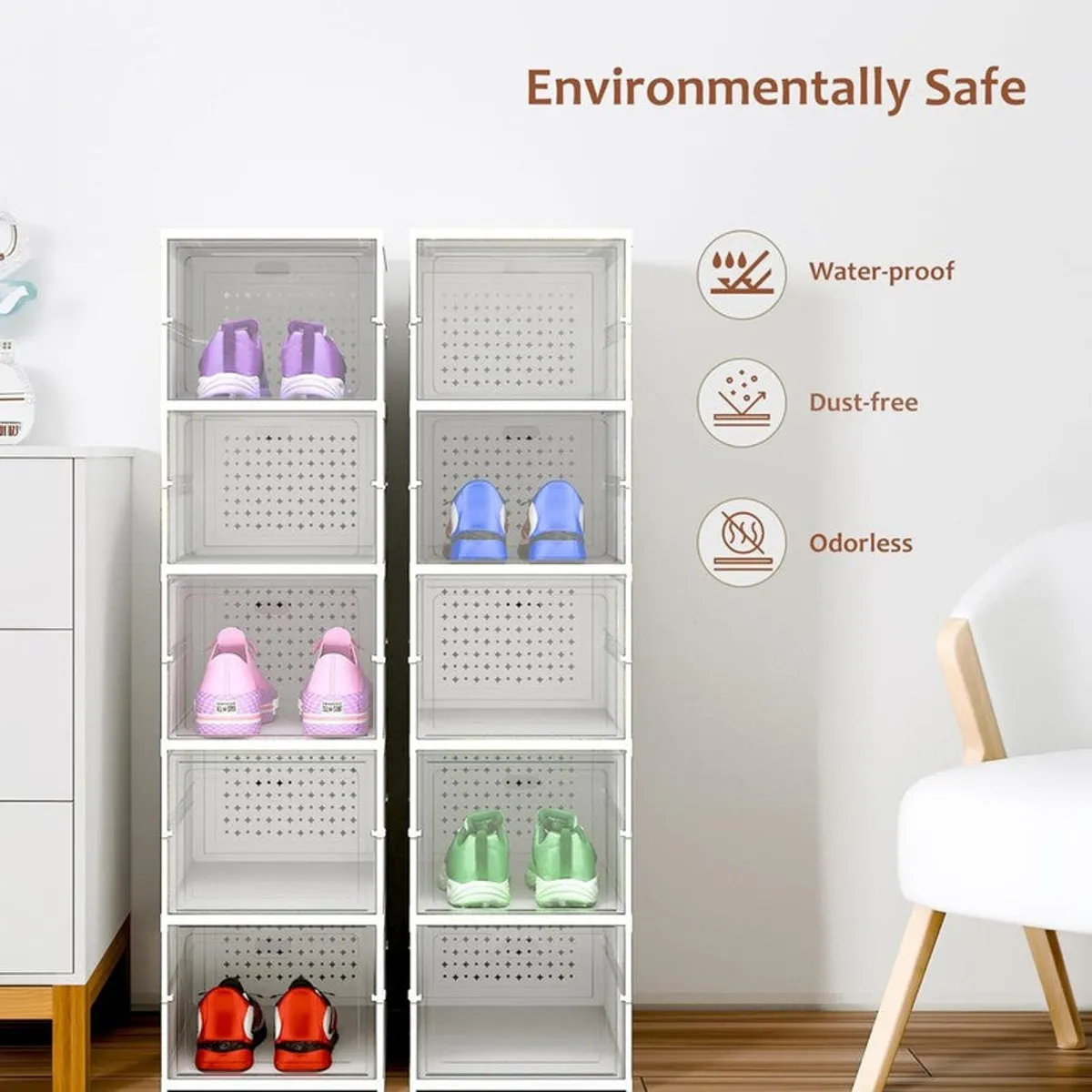 Two tall white shoe racks with transparent doors placed side by side