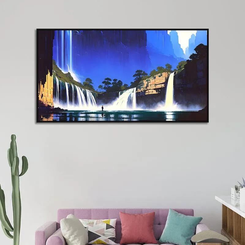 Midnight Waterfalls Landscape Canvas Wall Painting With Frame - Black media 3