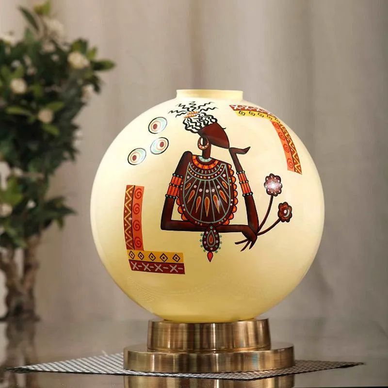Tribal Lumina Hand Painted Brass & Glass Moon Table Lamp - Multicolor media 3
