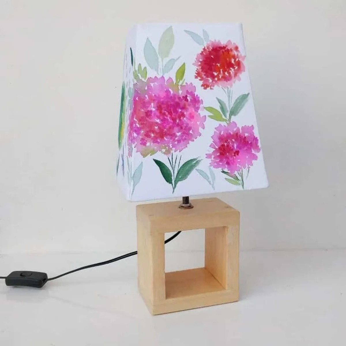Multicolour floral table lamp with rectangular shade and wooden base