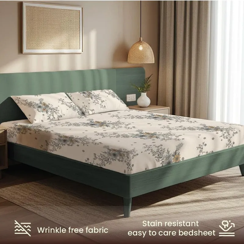 Neutral Blossom Floral Cotton Bedsheets (Beige & Grey) - 200 TC media 5