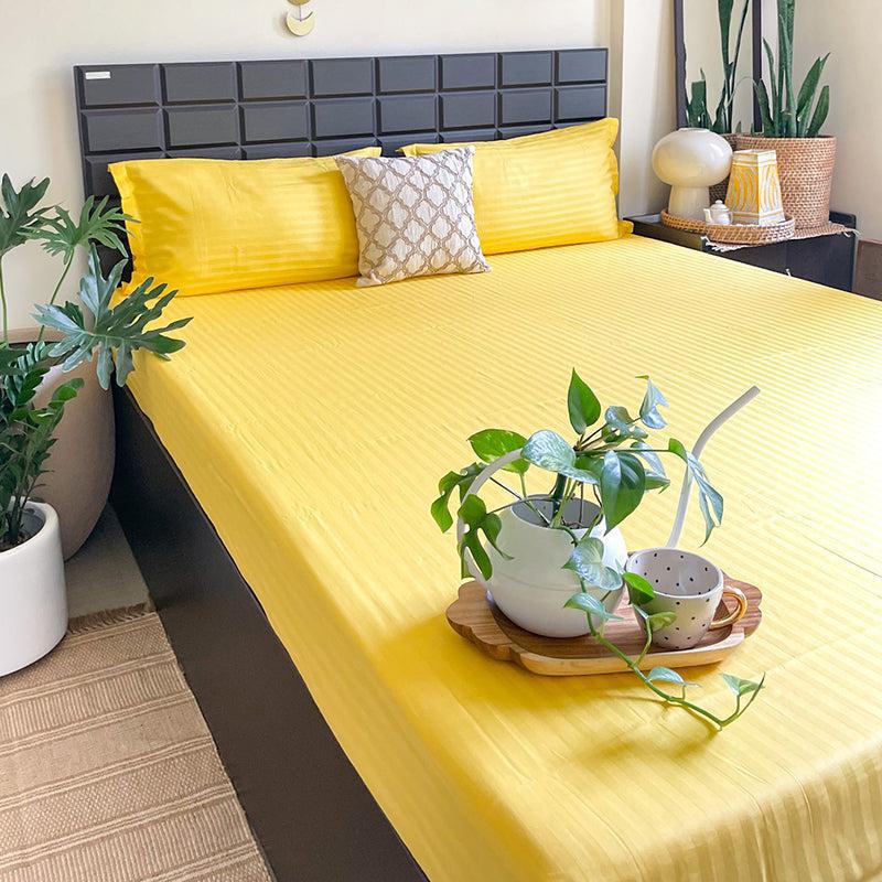Le Coton Striped Solid Cotton Bedsheet (Yellow) - 250 TC media 3