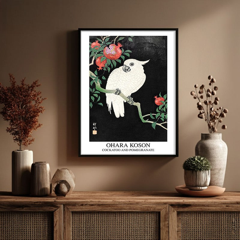 Cockatoo And Pomegranate Ohara Koson Archival Canvas Wall Painting - Black Frame