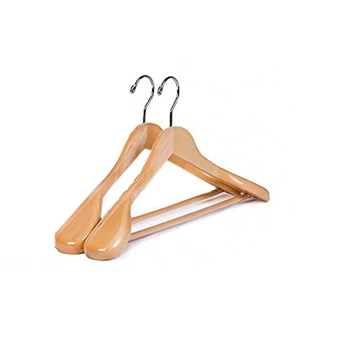 Pair of wooden hangers with metal hooks on a white background