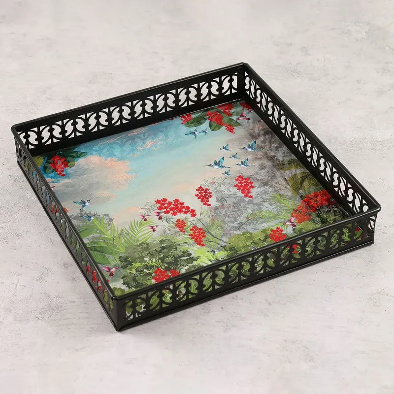 India Circus Tropical Multicolor Square Galvanized Iron Serving Tray media 4