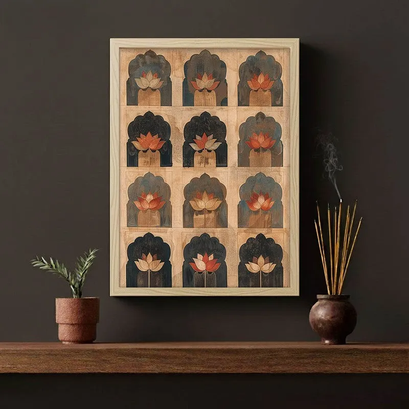 Heritage Lotus Arch Motif Canvas Wall Painting With Brown Frame media 7