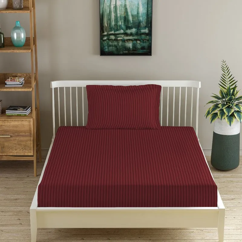 StripeScape Glace Cotton Fitted Bedsheet (Maroon) - 130 GSM - 4