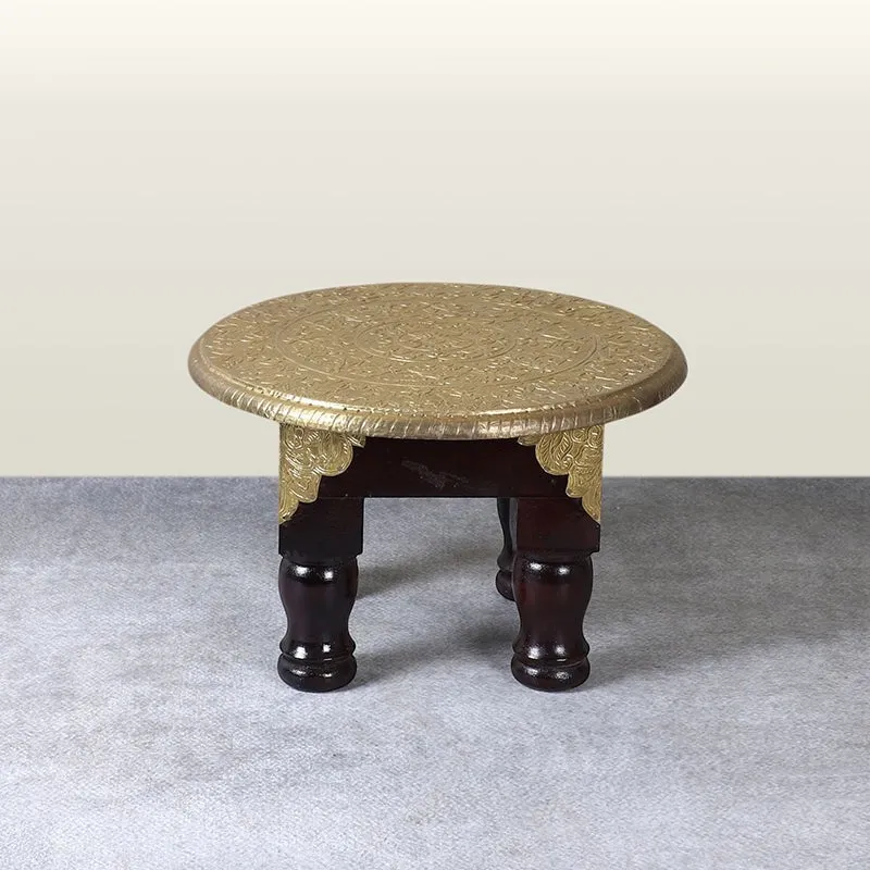 Gilded Blooms Brass Fitted Ethnic Mango Wood & MDF Stool media 4