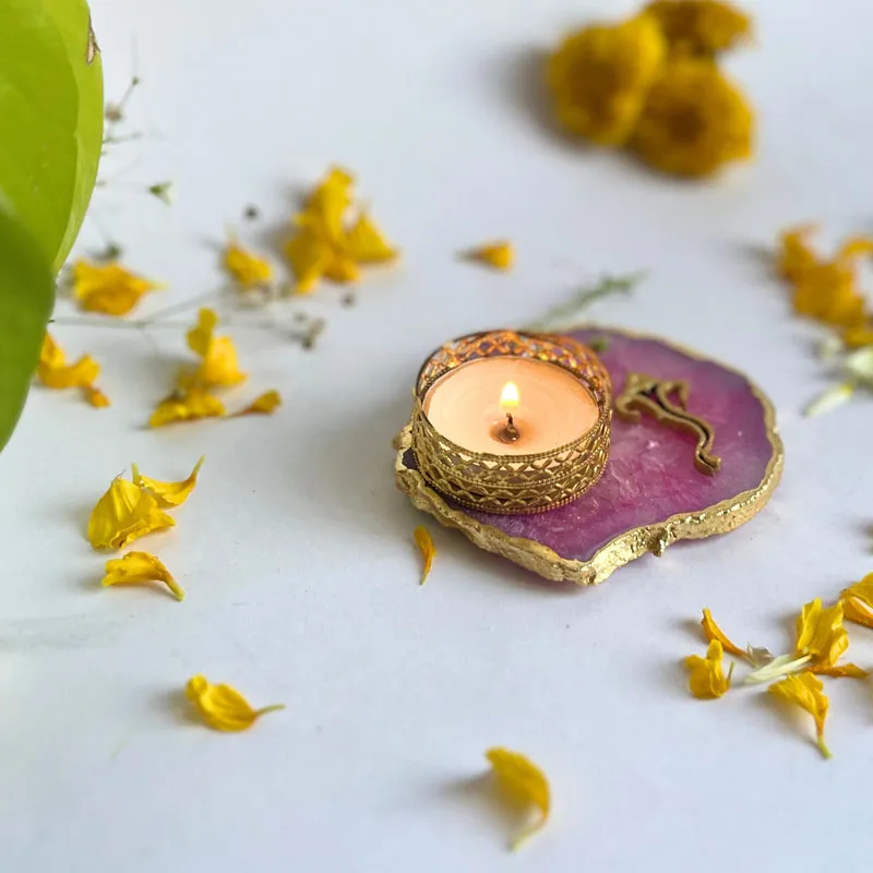 Ganesha Handcrafted Agate Tealight Candle Holder - Pink media 3
