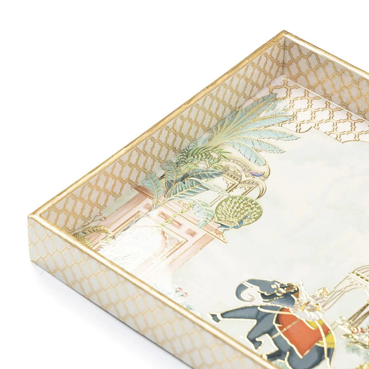 Close-up of the tray's gold geometric detailing and colourful procession artwork