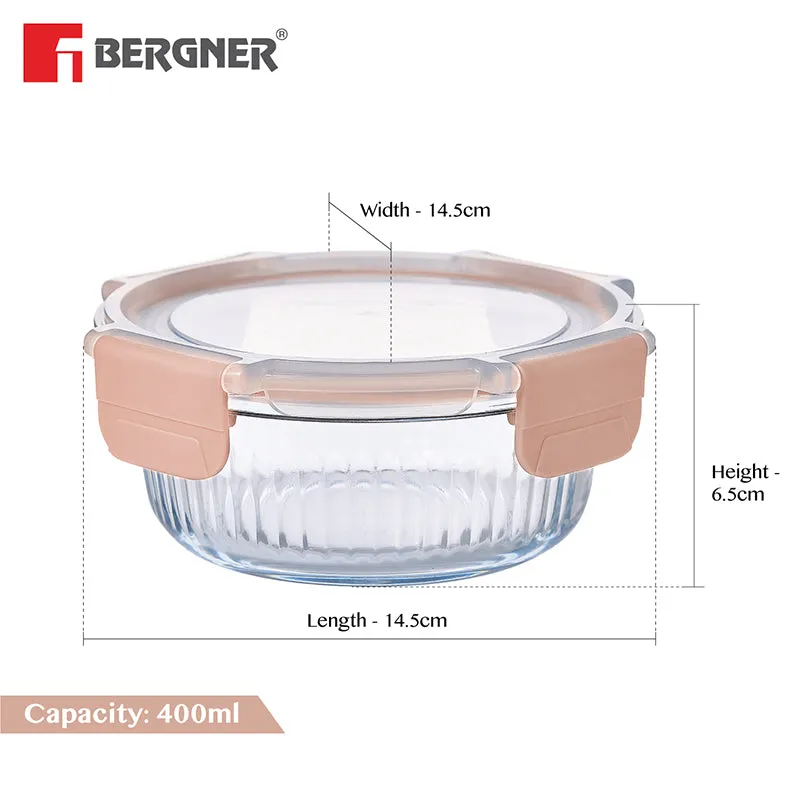 Round transparent glass tiffin with peach lid and clamps