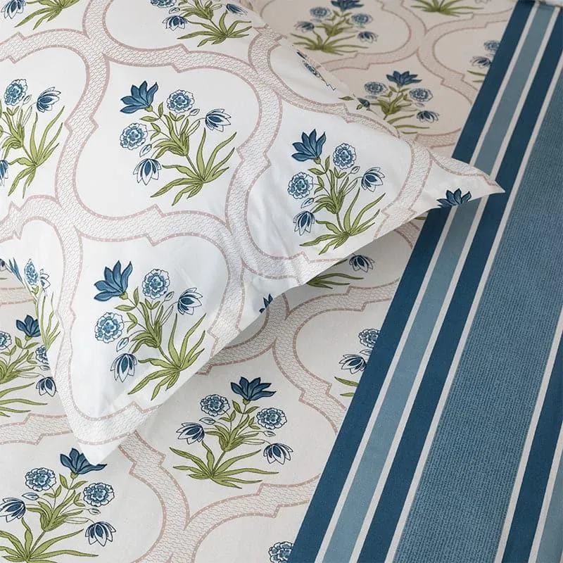 Imara Flora Cotton Bedsheet (Blue) - 144 TC media 1