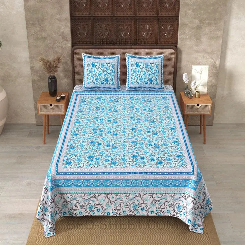 Nagumo Floral Cotton Bedsheet (Blue) - 180 TC media 3