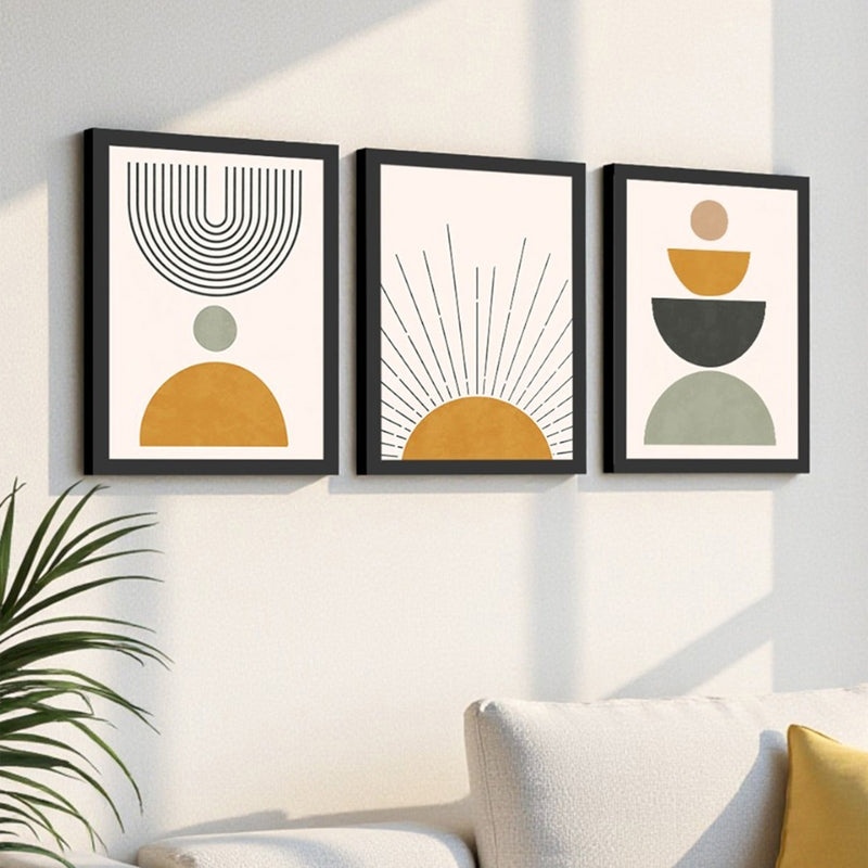 Sun Motif Wall Painting With Frame - Set Of Three