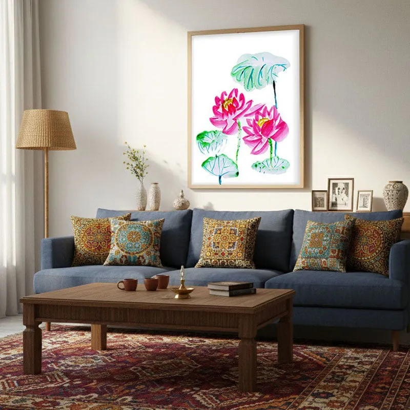 Lotus Scribbles Archival Paper Wall Art - Natural Brown Frame media 3