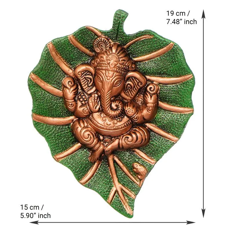 Ganesha On Green Leaf Religious Metal Wall Accent media 7