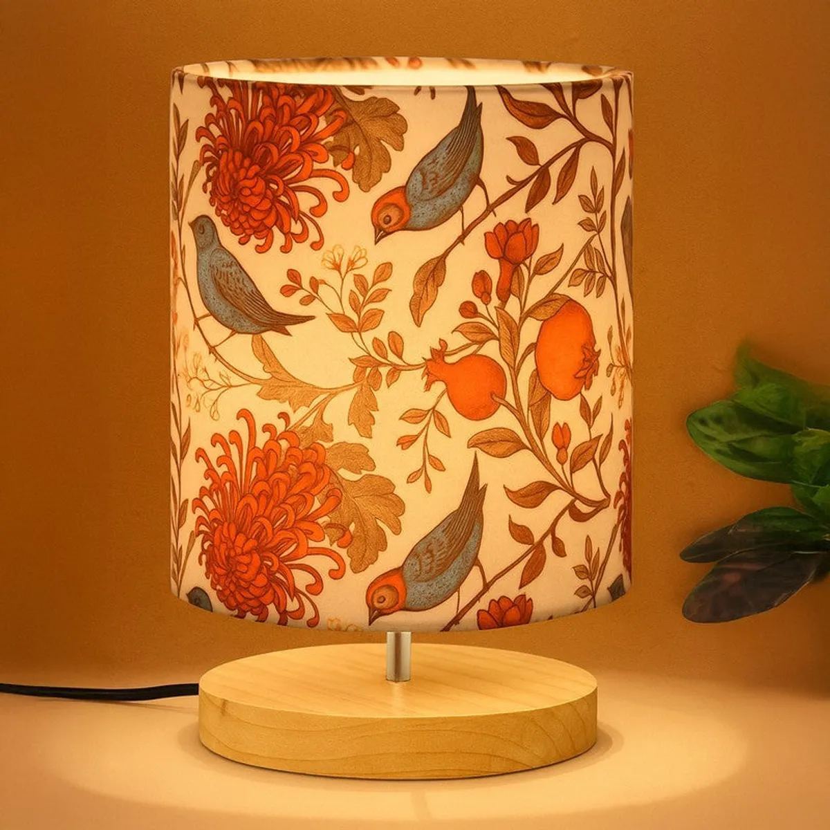 Multicolour cylindrical table lamp with bird and floral fabric shade and round wooden base
