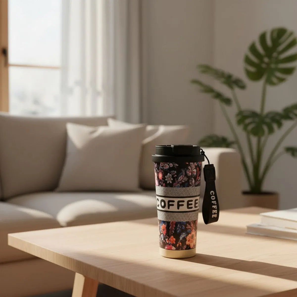 Floral coffee tumbler displayed on a wooden table in a bright living room