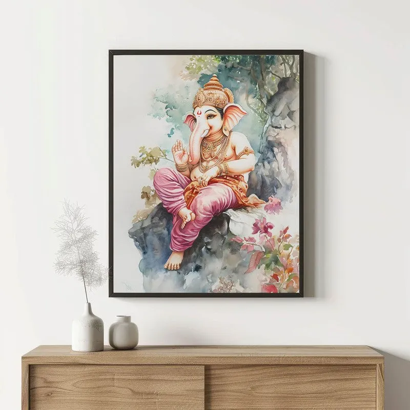 Vighnaharta's Blessing Spiritual Archival Paper Wall Painting With Frame - Black media 1