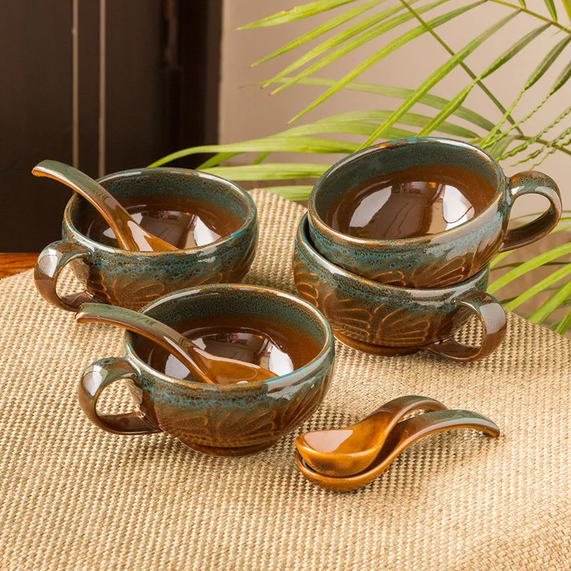 Kalika Handglazed Ceramic Soup Bowl With Spoon (300 ML) - Eight Piece Set media 1