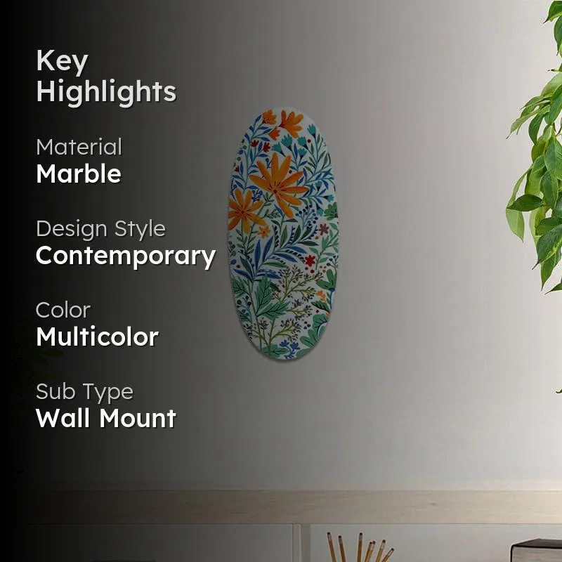 Floral oval wall accent shown in a living room setting with feature highlights