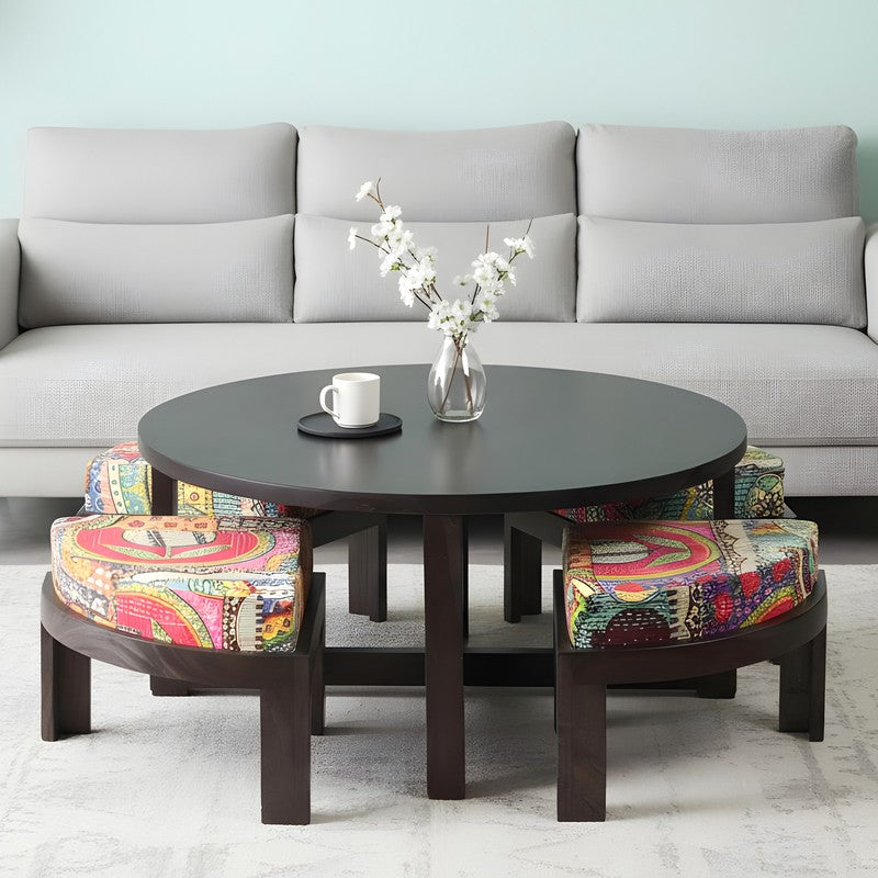 Ixeron Sheesham Wooden Center Table with Stools and Cushions (Brown) - Nine Piece Set