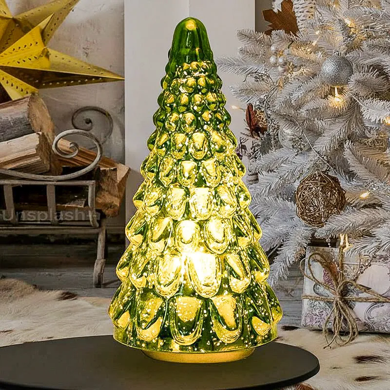 Vibrant Pine Xmas Tree Glass Table Lamp - Green media 1