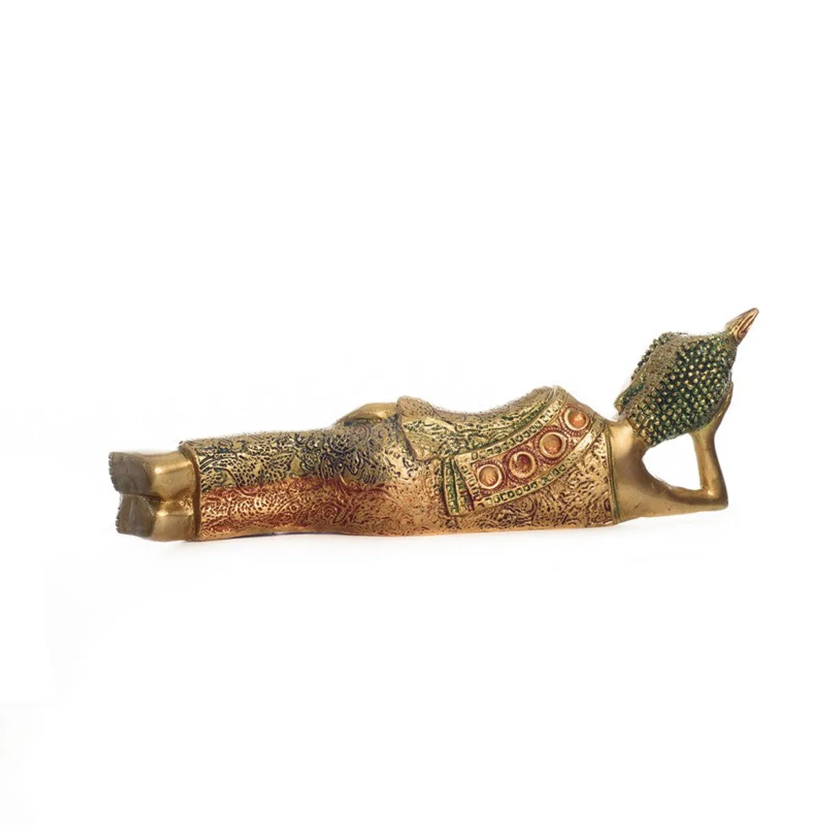 Rear view of the reclining Buddha idol in gold finish