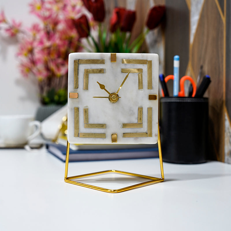 Squinta Marble Table Clock With Brass Inlay
