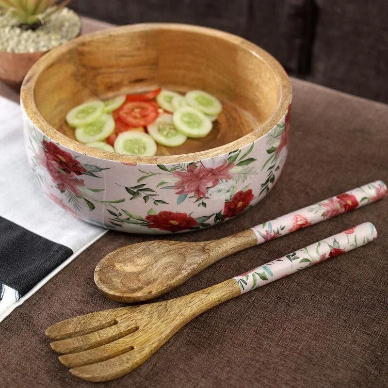 Floral Timber Salad Bowl & Cutlery media 3