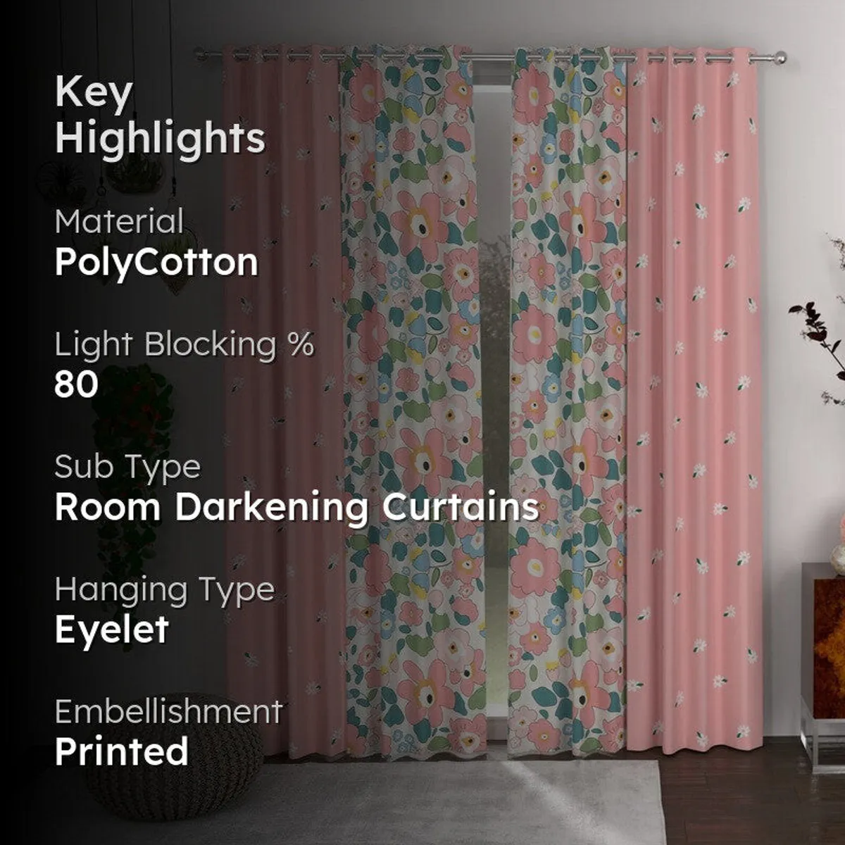 Room view showing pink floral curtains with contrasting printed centre panels