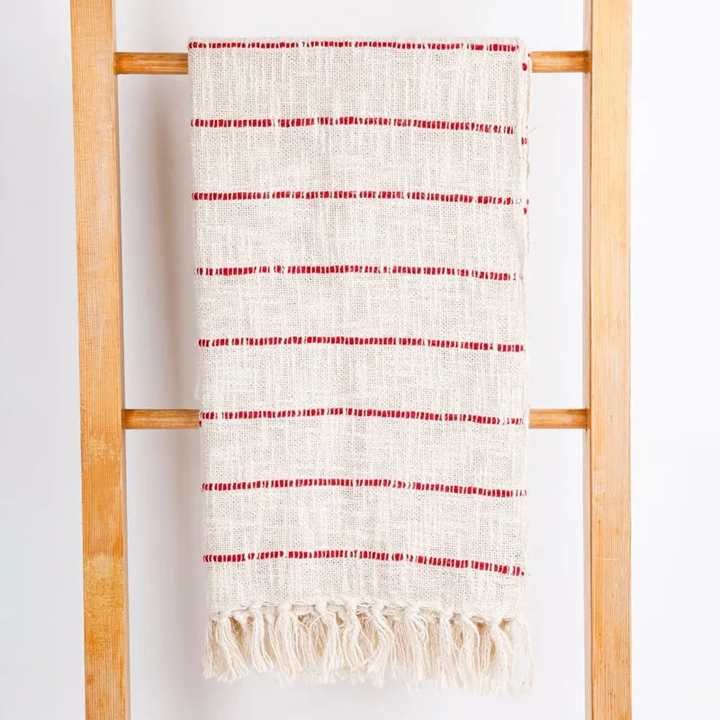 Almond Weave Striped Throw - Off White & Red media 3