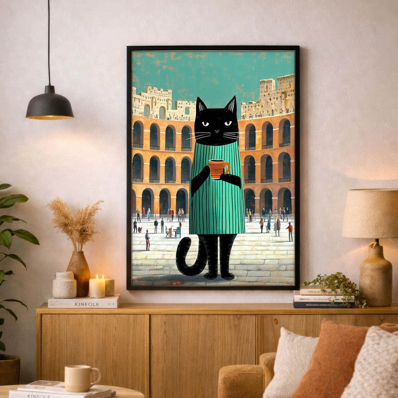 Prowling Black Cat Wall Painting With Frame