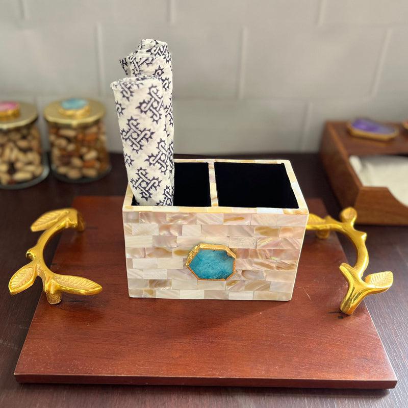 Suzzaine Handcrafted Mother Of Pearl & Agate Cutlery Holder - Blue & Beige media 4