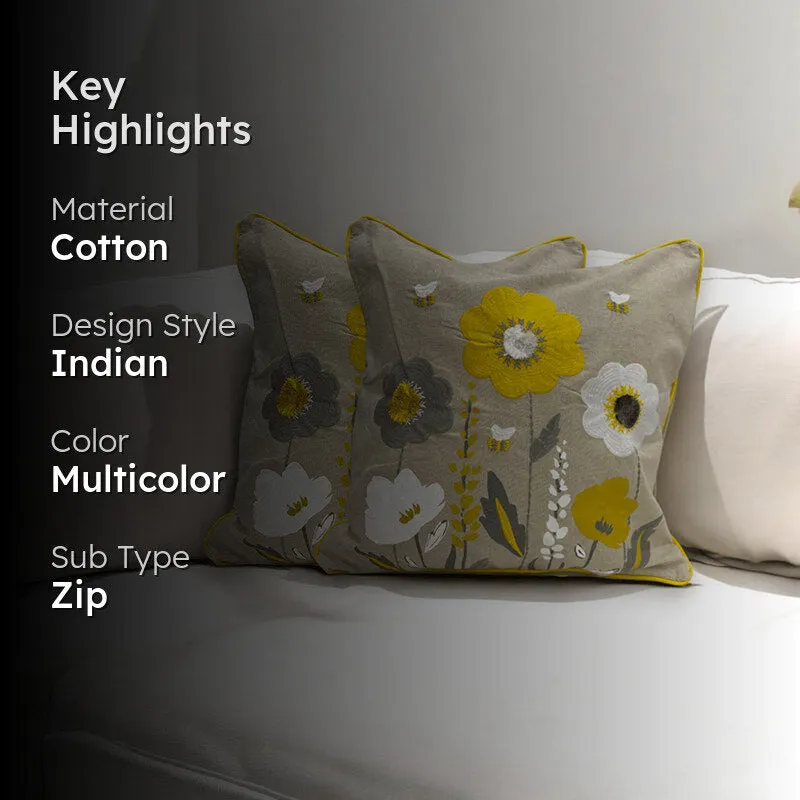Ochre Flowers Tufted Cushion Cover (Yellow & Grey) - Set Of Two media 2