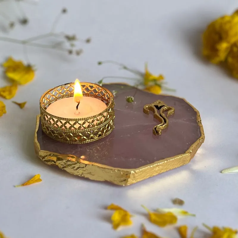 Ganesha Handcrafted Agate Tealight Candle Holder - Rose Quartz media 4
