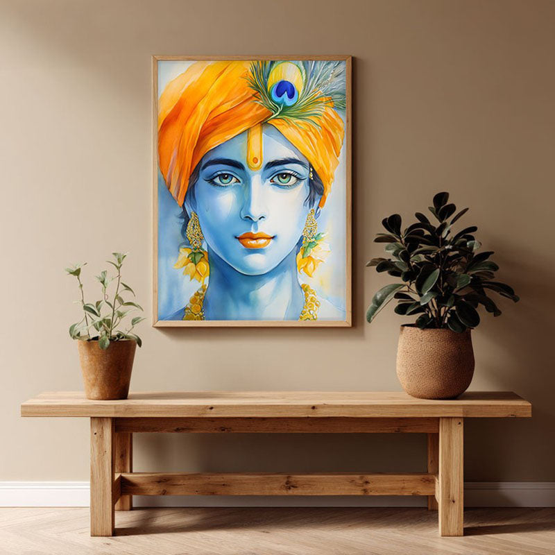 Divine Madhava Spiritual Archival Paper Wall Painting - Natural Brown Frame