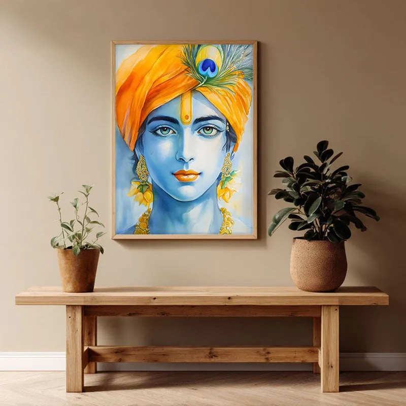 Divine Madhava Spiritual Archival Paper Wall Painting - Natural Brown Frame media 1