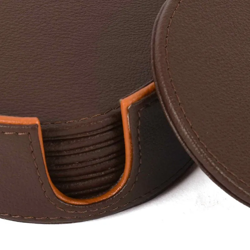 Tisca Faux Leather Coaster (Brown) - Seven Piece Set media 5