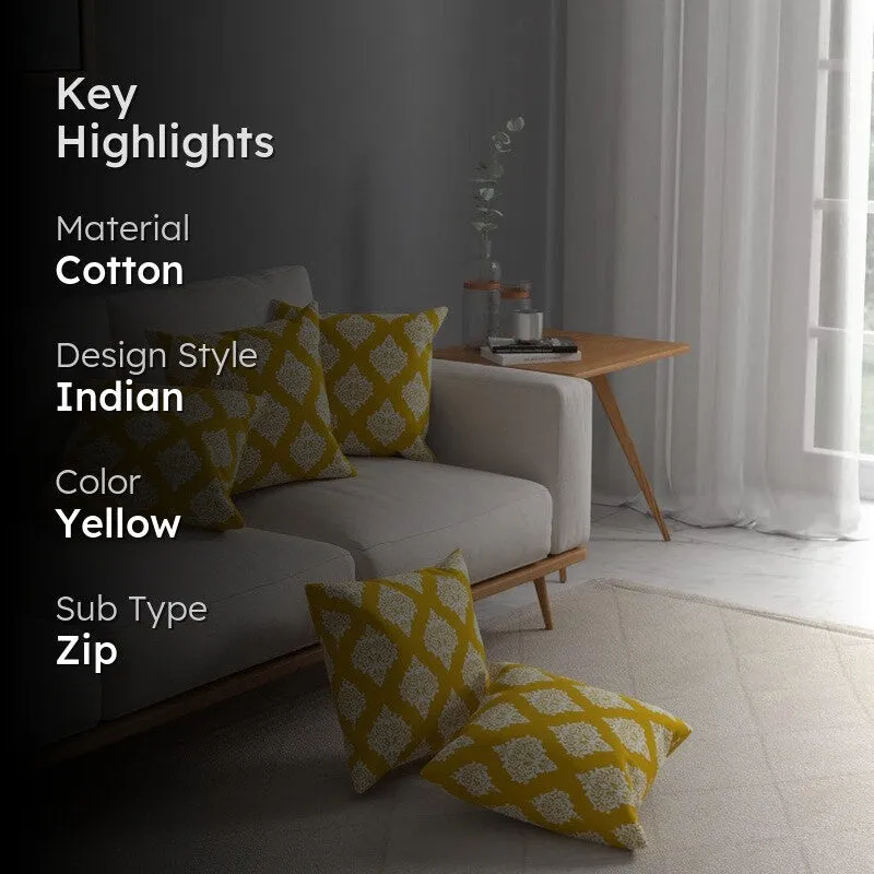 Yellow cushion covers on a sofa with key highlights text overlay