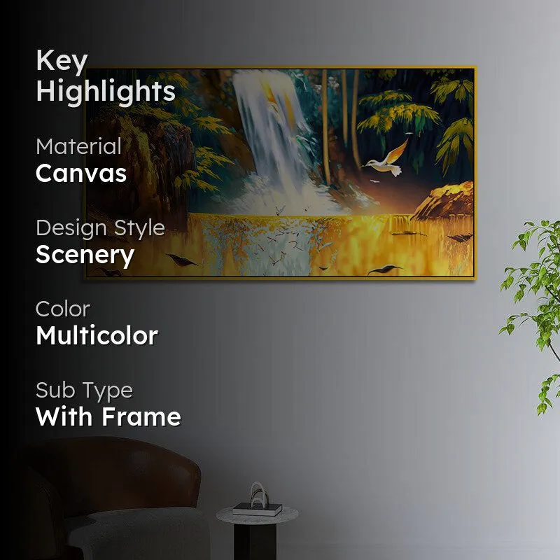 Celetial Golden Waterfalls Landscape Canvas Wall Painting With Frame - Gold media 2