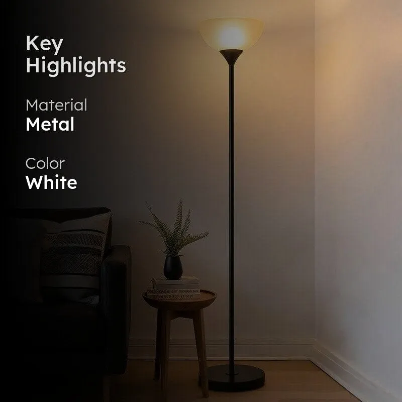 Black floor lamp glowing in a corner with text overlay on the left