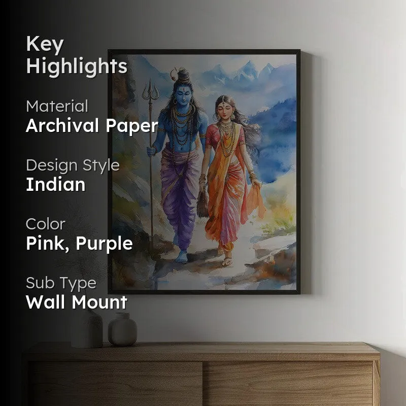Uma Maheshwara Spiritual Archival Paper Wall Painting With Frame - Black media 2