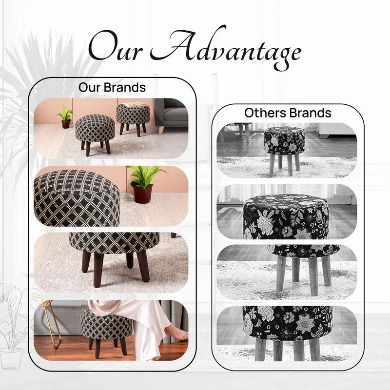 Multiple views of the patterned ottoman displayed in a room
