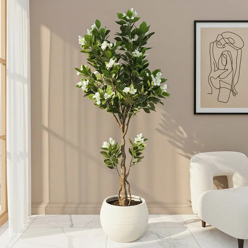 Faux Bougainville Plant With Black Plastic Pot (5.91 ft) - Green & White media 1