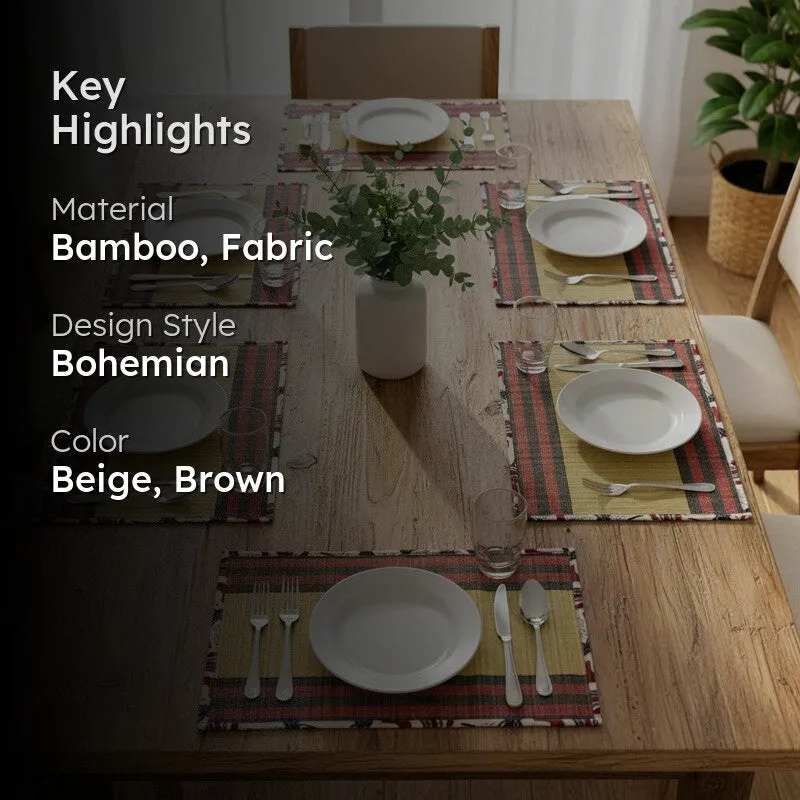 Six striped table mats arranged around a dining table with tableware