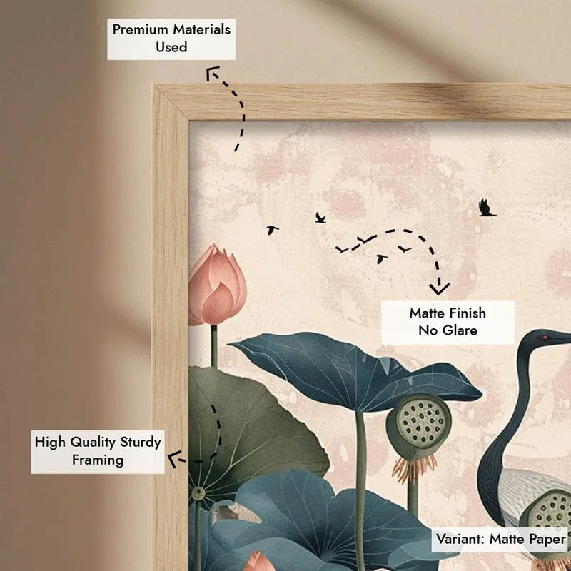 Lotus Garden Birds Canvas Wall Painting With Brown Frame media 11