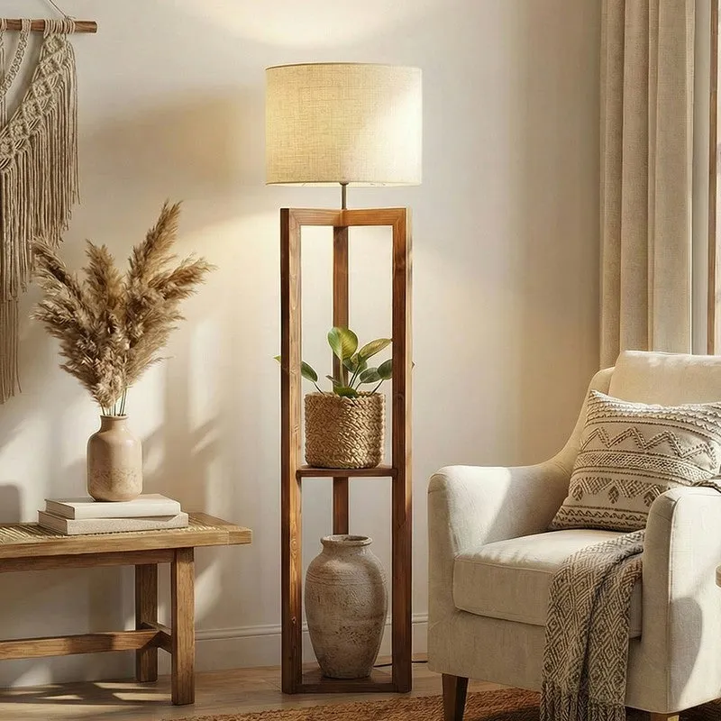 Corintha Shelf Wooden Floor Lamp with Fabric Shade media 1
