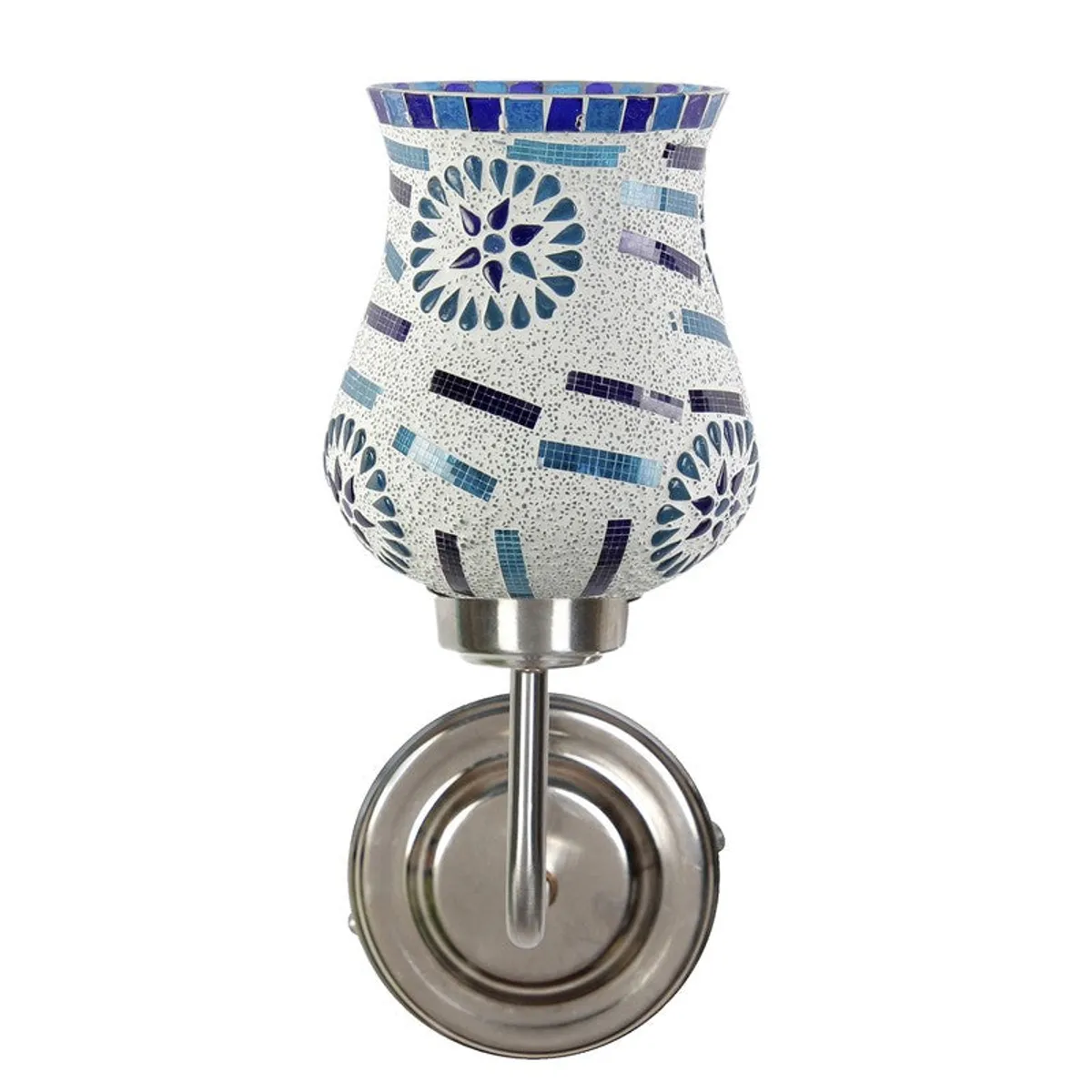 Side view of mosaic glass wall lamp with steel wall mount